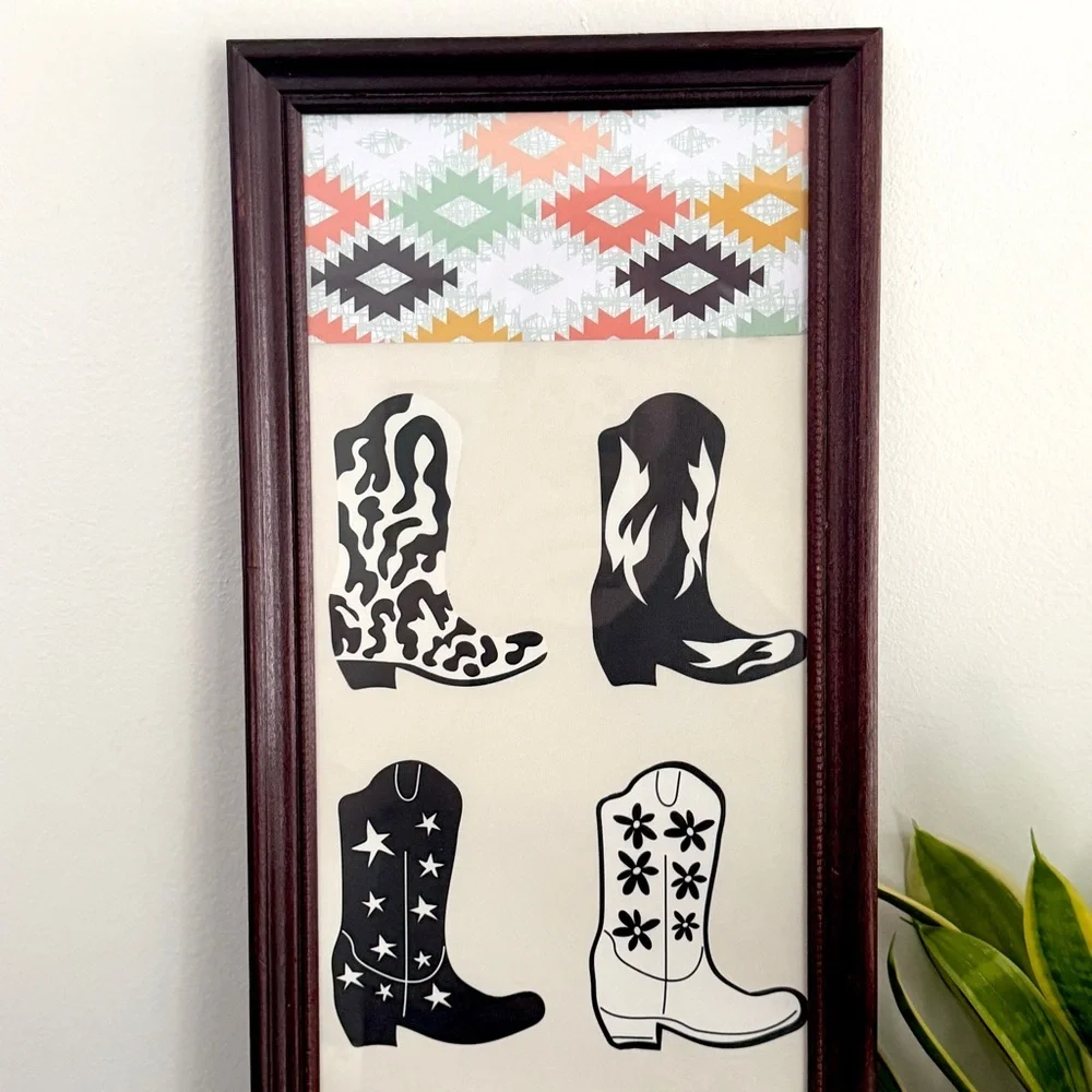 Cowboy Boots Star Cow Print Cowgirl Boots Canvas Print Aztec Southwestern Framed
